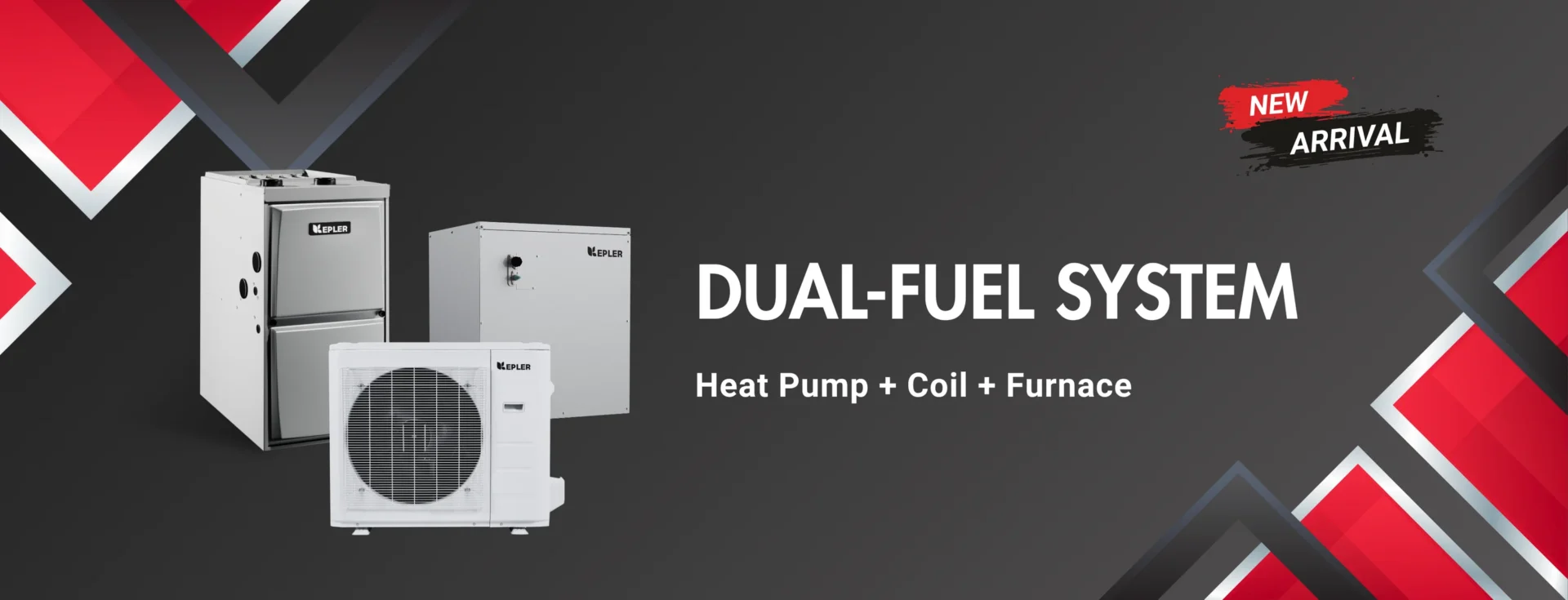 Kepler dual-fuel HVAC system including heat pump, coil, and gas furnace banner.