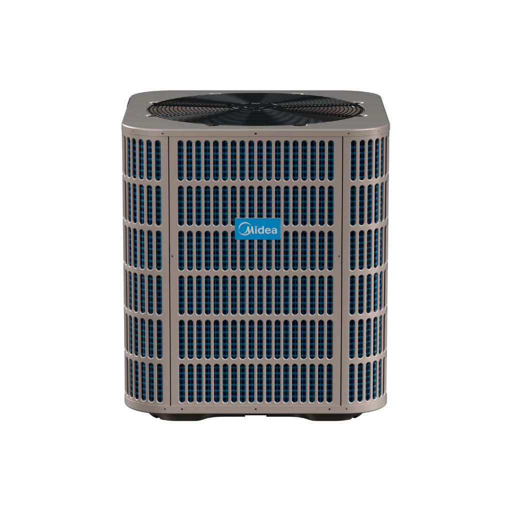 Midea central air conditioner outdoor condenser unit isolated on a white background.