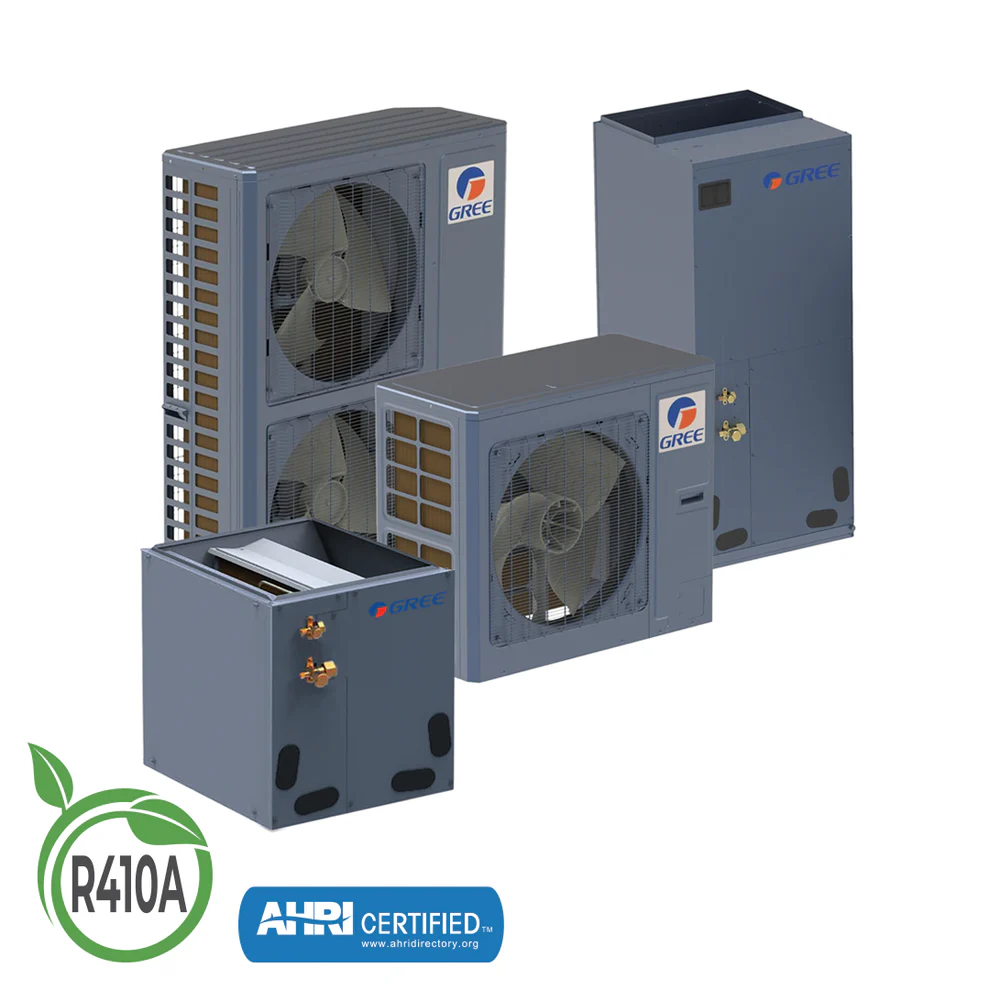 Gree multi-zone split heat pump system components including outdoor condensers, cased coil, and air handler with AHRI and R410A certifications.