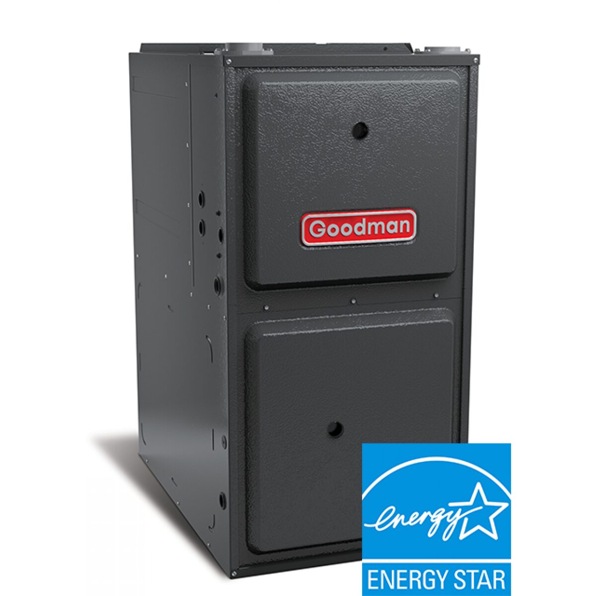 A modern, dark grey Goodman high-efficiency gas furnace unit in an upflow configuration, featuring a prominent Energy Star certification badge