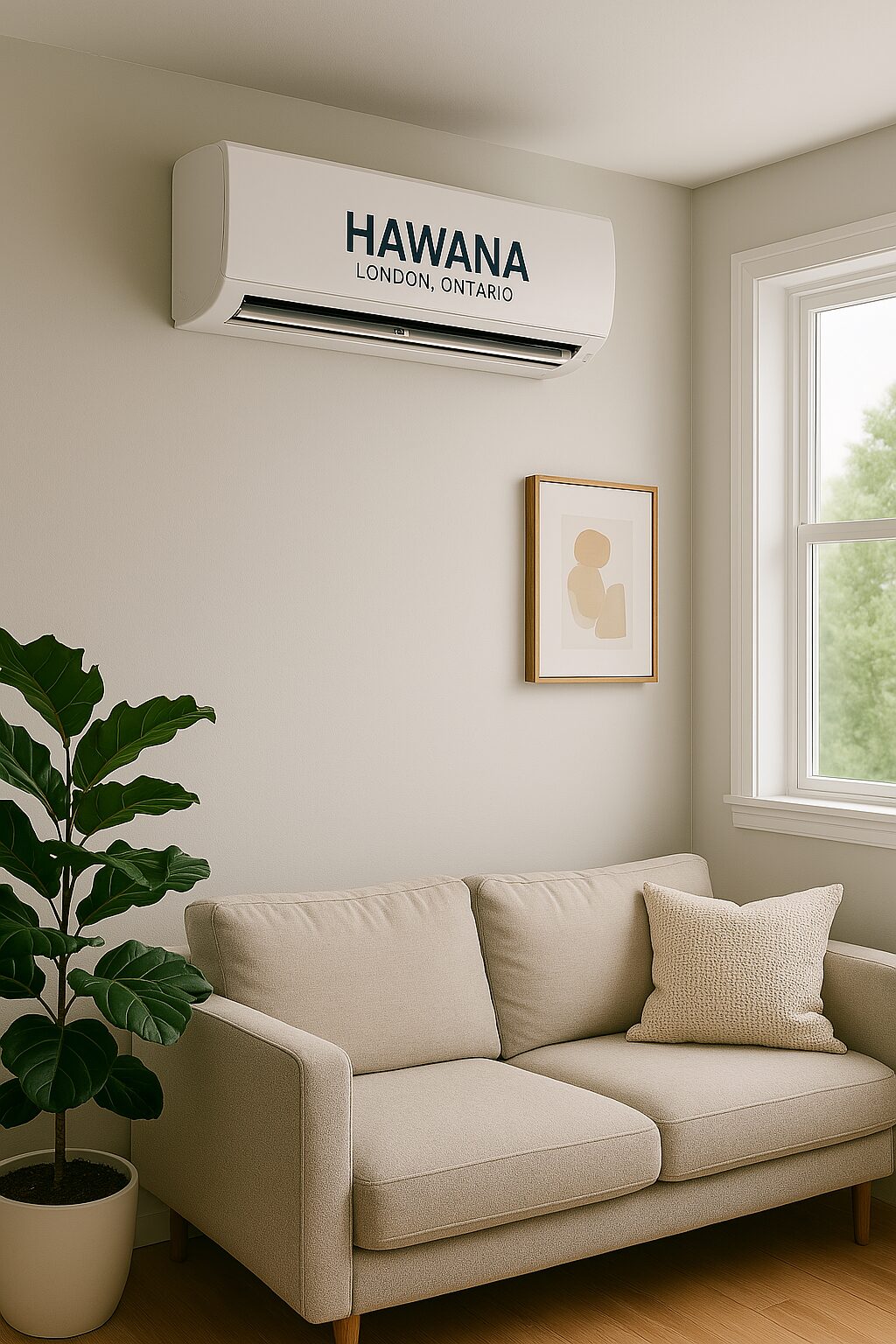A cleanly installed Hawana branded ductless mini-split air conditioning unit mounted high on a beige wall above a modern sofa in a bright, well-lit living room.