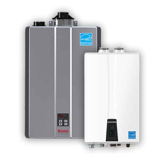 A side-by-side display of high-efficiency Rinnai and Navien tankless water heaters, both featuring Energy Star certification badges.