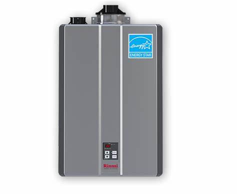 A sleek, wall-mounted Rinnai Energy Star rated high-efficiency tankless water heater on a white background.